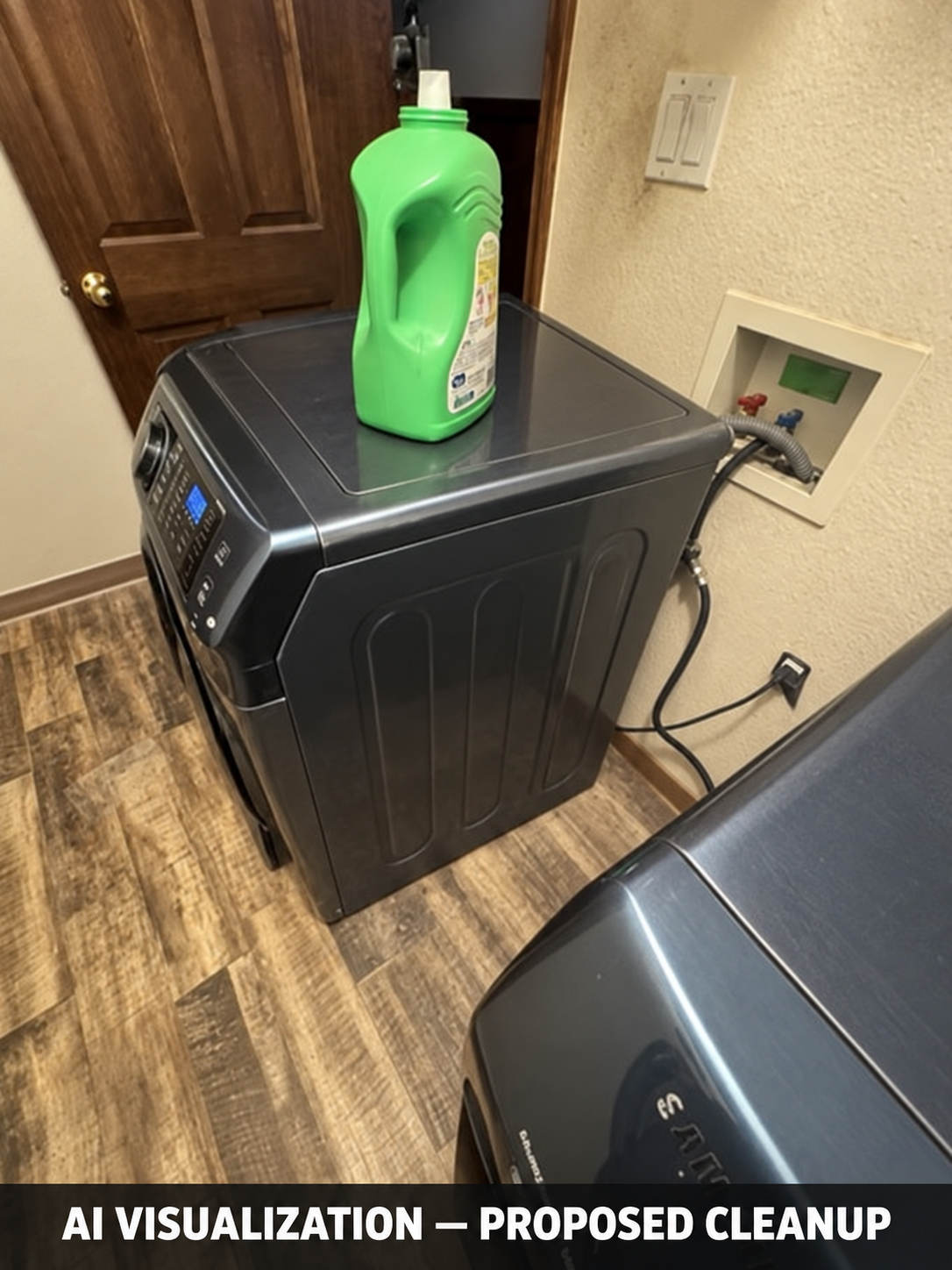 Laundry area: AI visualization of proposed cleanup, not completed work