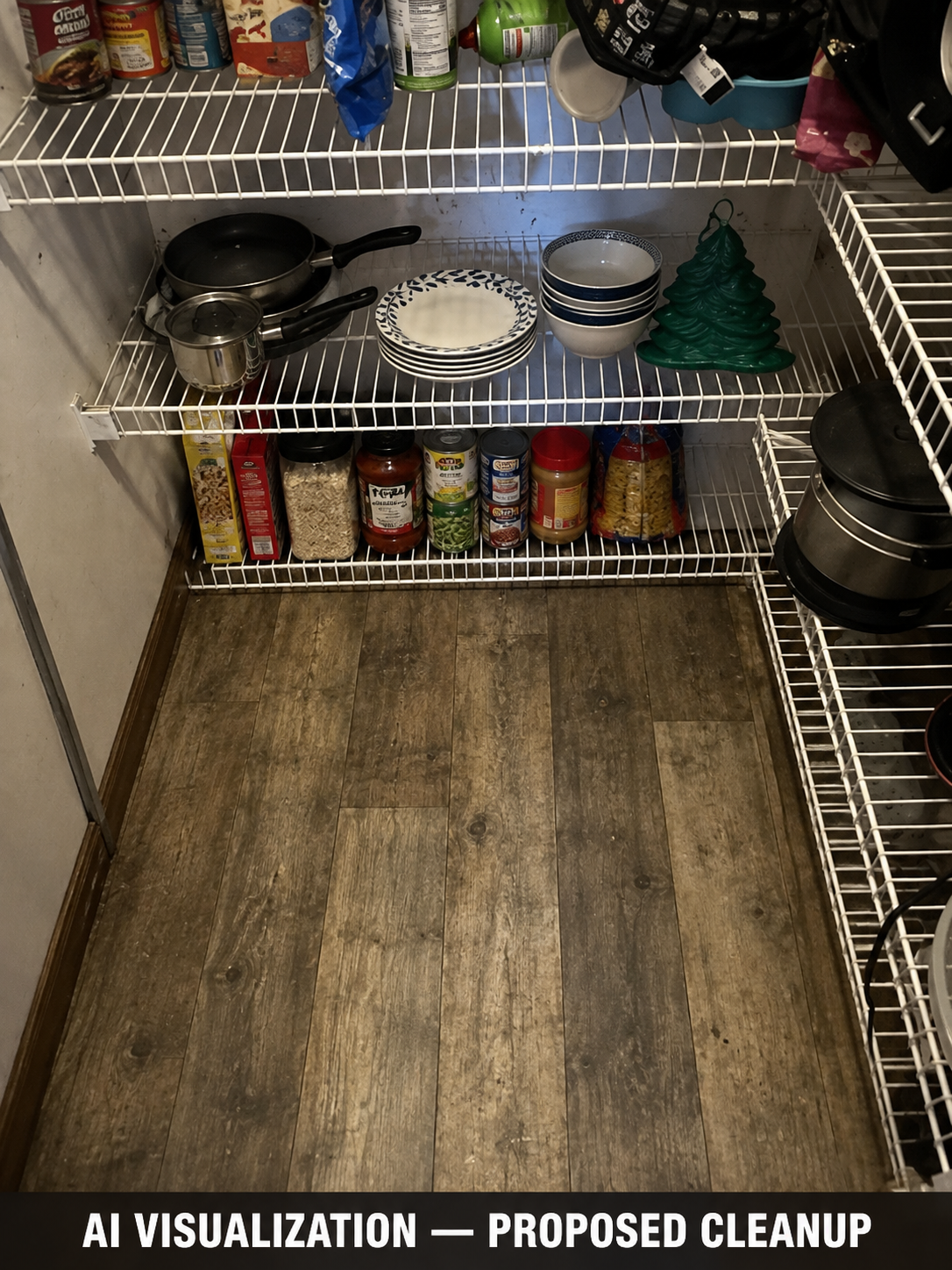 Pantry: AI visualization of proposed cleanup, not completed work