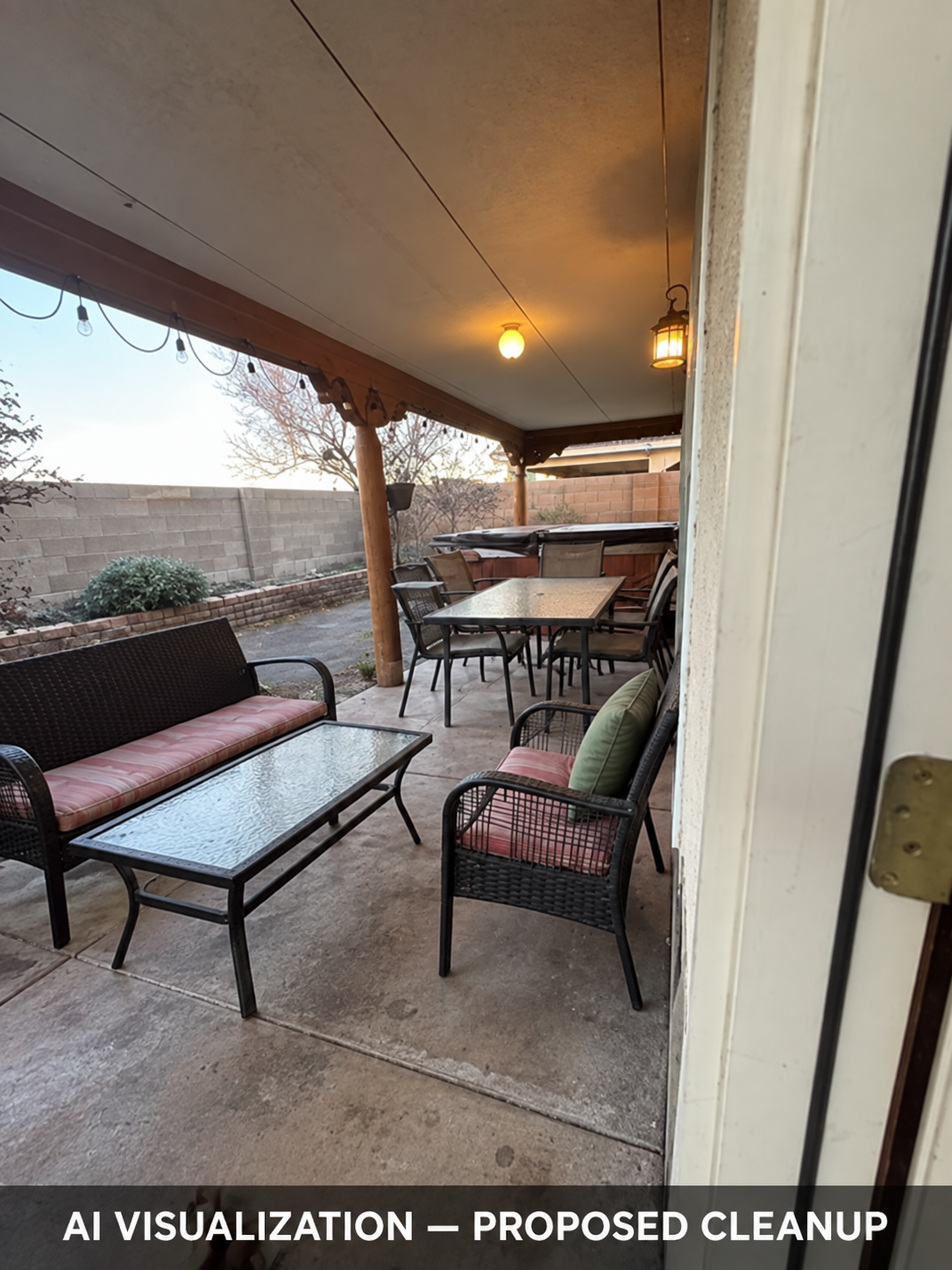 Patio: AI visualization of proposed cleanup, not completed work